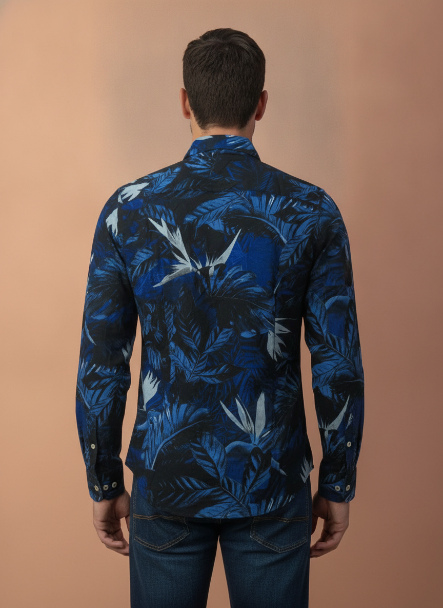 Men'S Premium Rayon Shirt With Tropical Blue Print