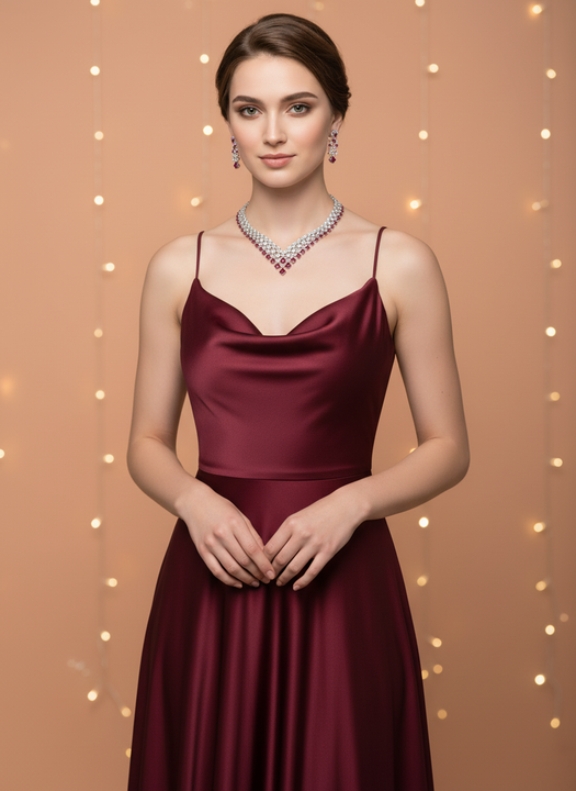 Luxury Ruby Red Cubic Zirconia Bridal Necklace & Earrings Set