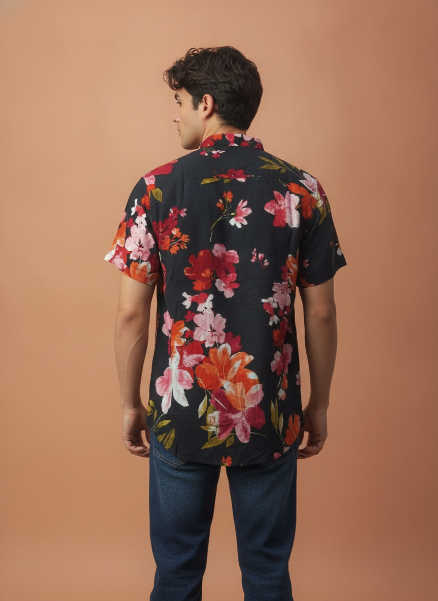 Black Floral Print Premium Rayon Shirt