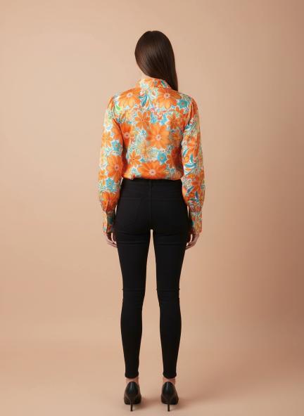 Satin Digital Print Puff Sleeve Shirt