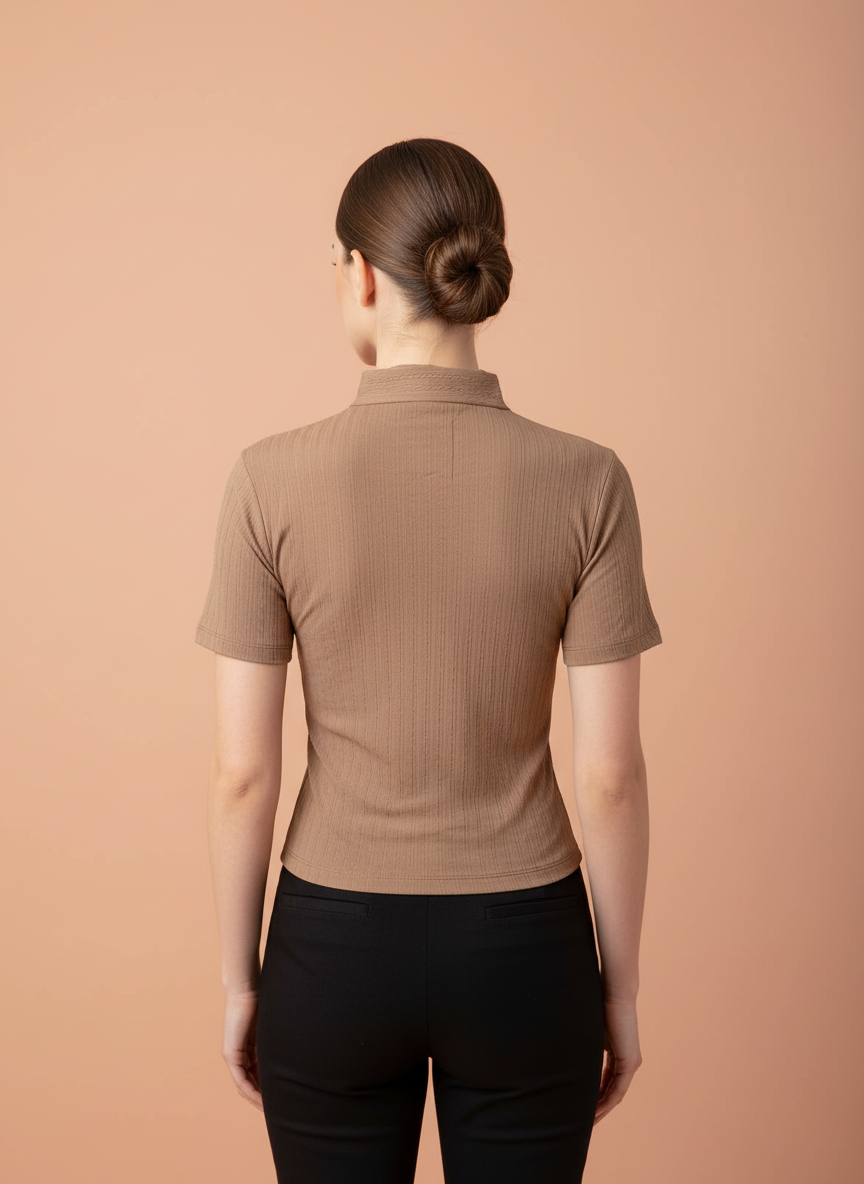 Brown Zip-Up Ribbed Polo T-Shirt for Women