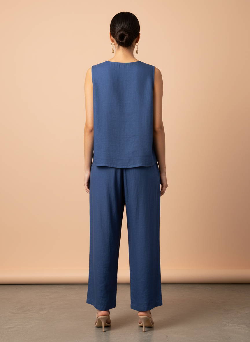 Chic Parisian Blue Co-ord Set – Sleeveless Vest & Wide-Leg Pants