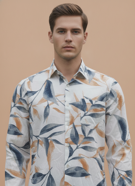 Men'S Premium Rayon Shirt With Blue And Orange Leaf Print