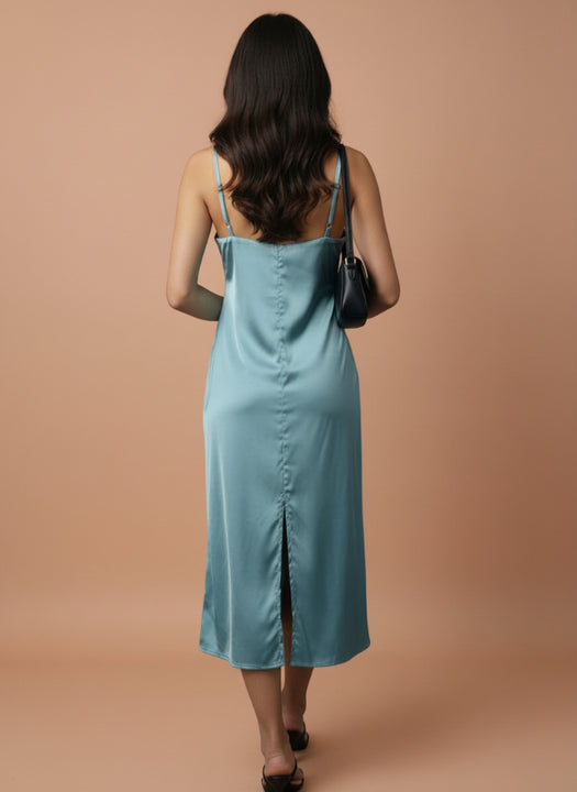Women’s Luxury Satin Midi Dress Aqua Spaghetti Strap