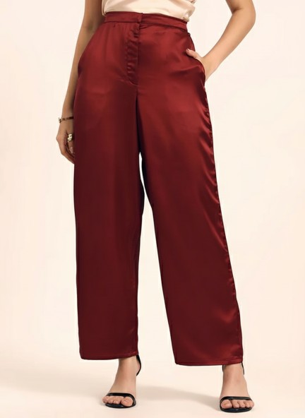 Satin Wide Leg Pants European Fabric  Wine Red Glam Look