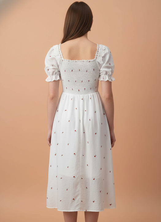 Elegant White Floral Printed Midi Dress for Women