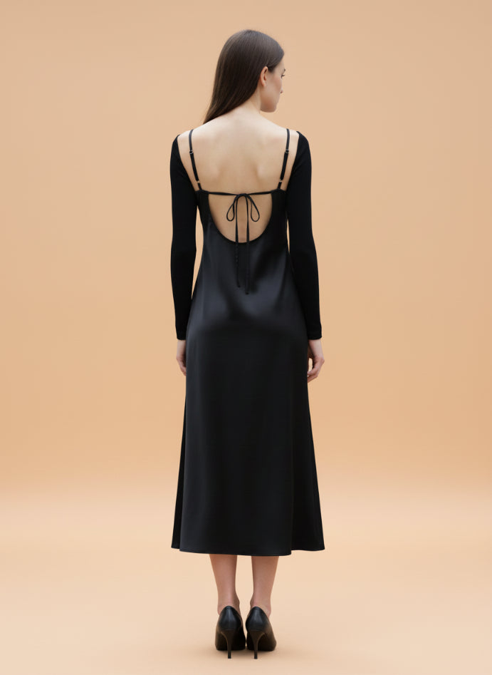 Women’s Luxury European Satin Black Midi Dress