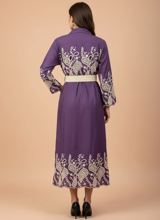 Women’s Purple Embroidered Shirt Dress with Belt