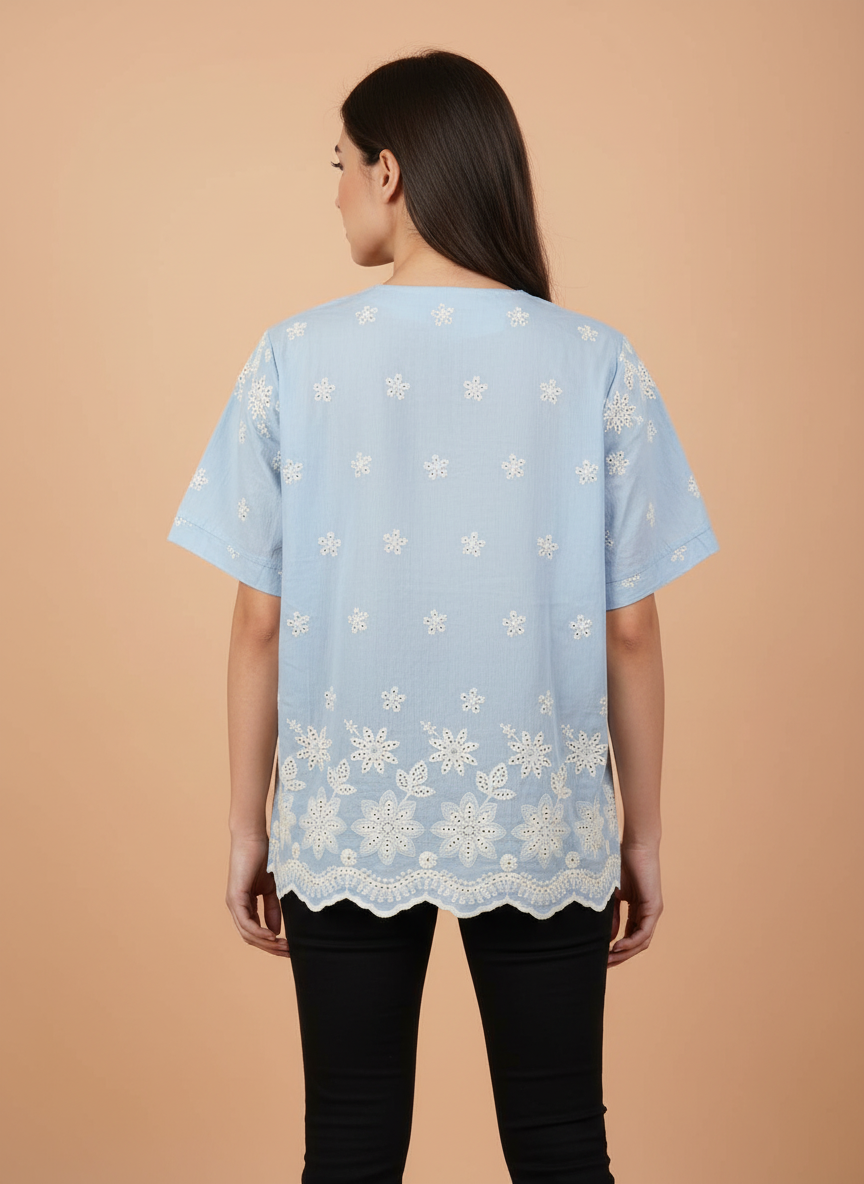 Sky Blue Schiffli Embroidered Cotton Top