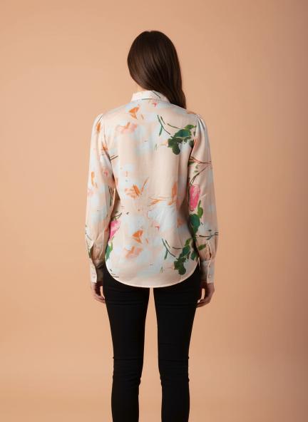 Satin Multicolour Long Length Curved Hem Digital Print Shirt