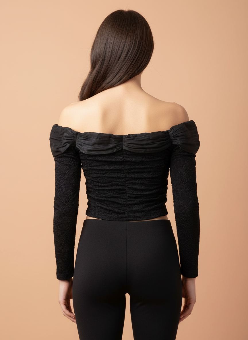 Black Off-Shoulder Ruched Corset Top with Lace Sleeves & Rose Bow Detail