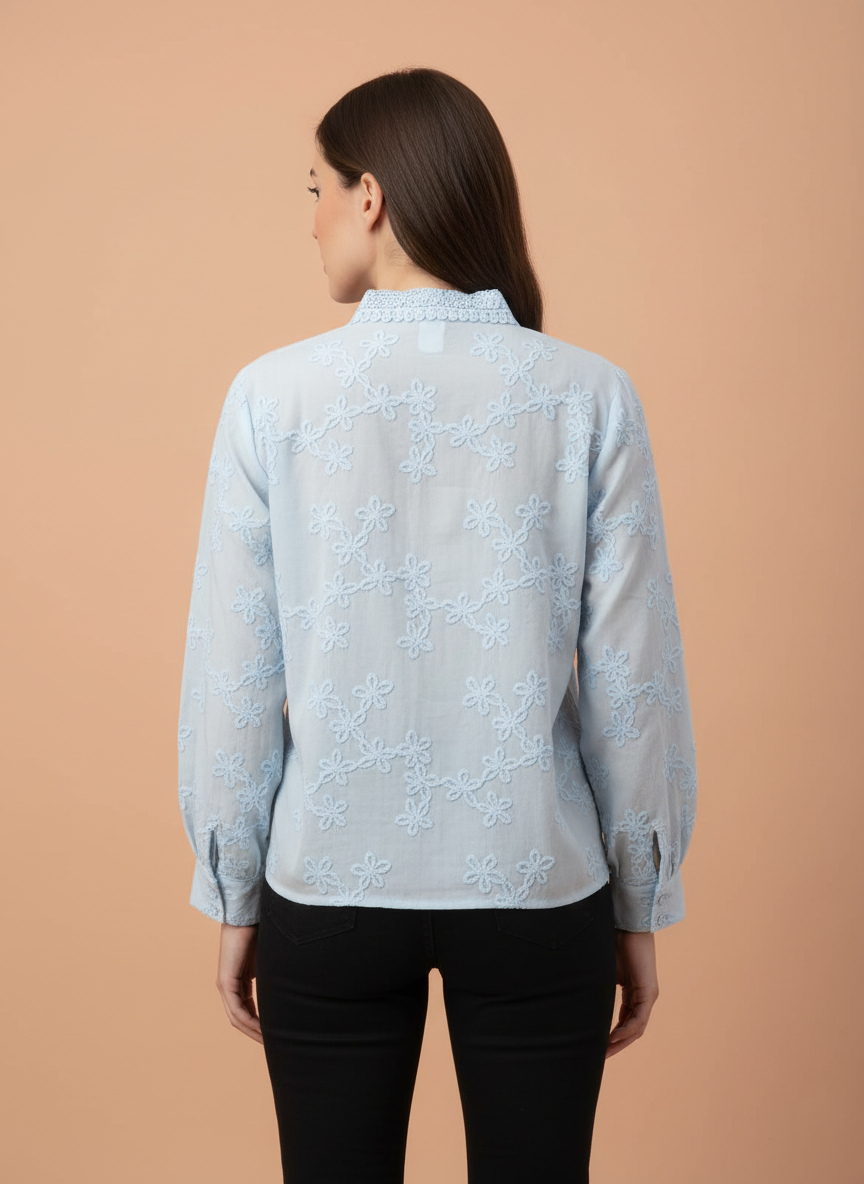 Light Blue Floral Embroidered Women Shirt