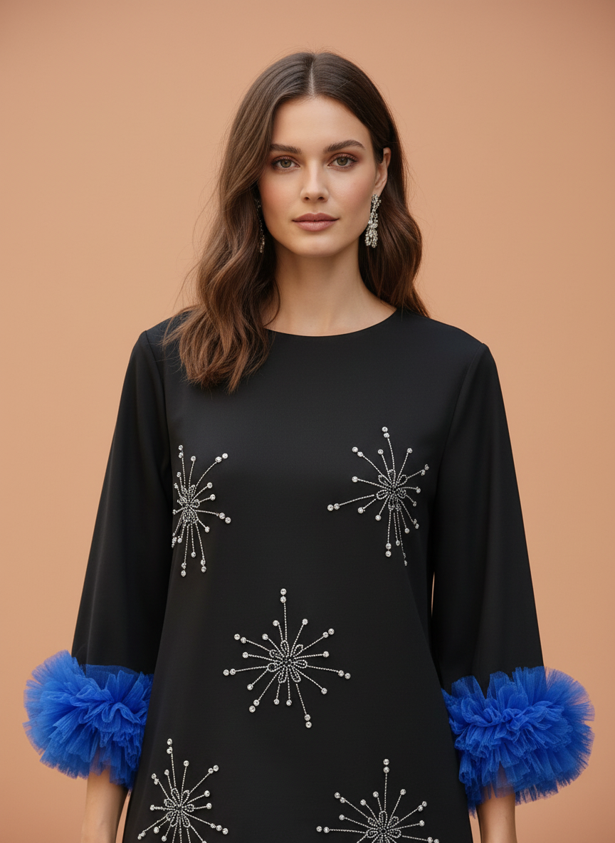 Elegant Black Embellished Shift Dress with Statement Sleeves