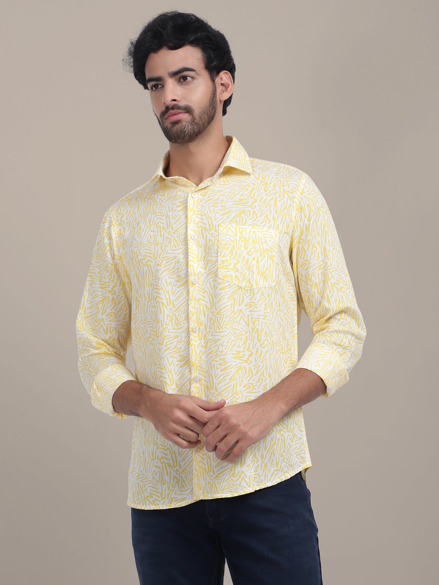 AMSWAN SMART FIT RAYON SHIRT WITH FLORAL PRINT IN YELLOW