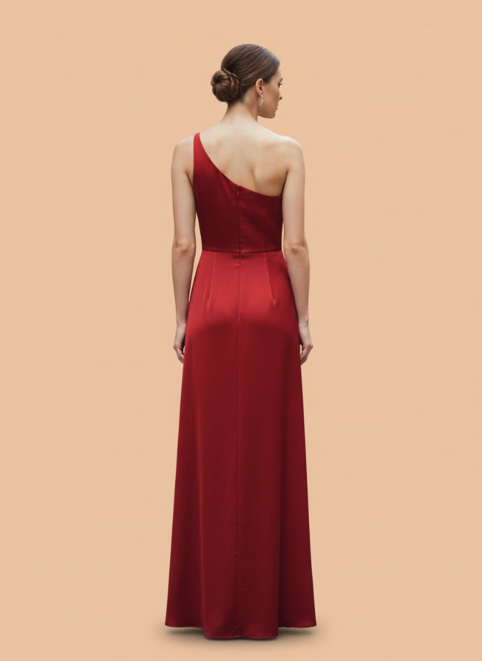 Women's Luxury One-Shoulder European Satin Dress Crimson Red