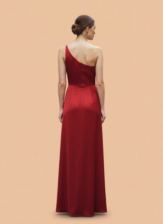 Women's Luxury One-Shoulder European Satin Dress Crimson Red