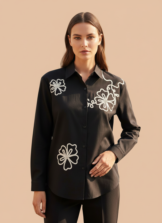 Elegant Black Floral Embroidered Shirt for Women