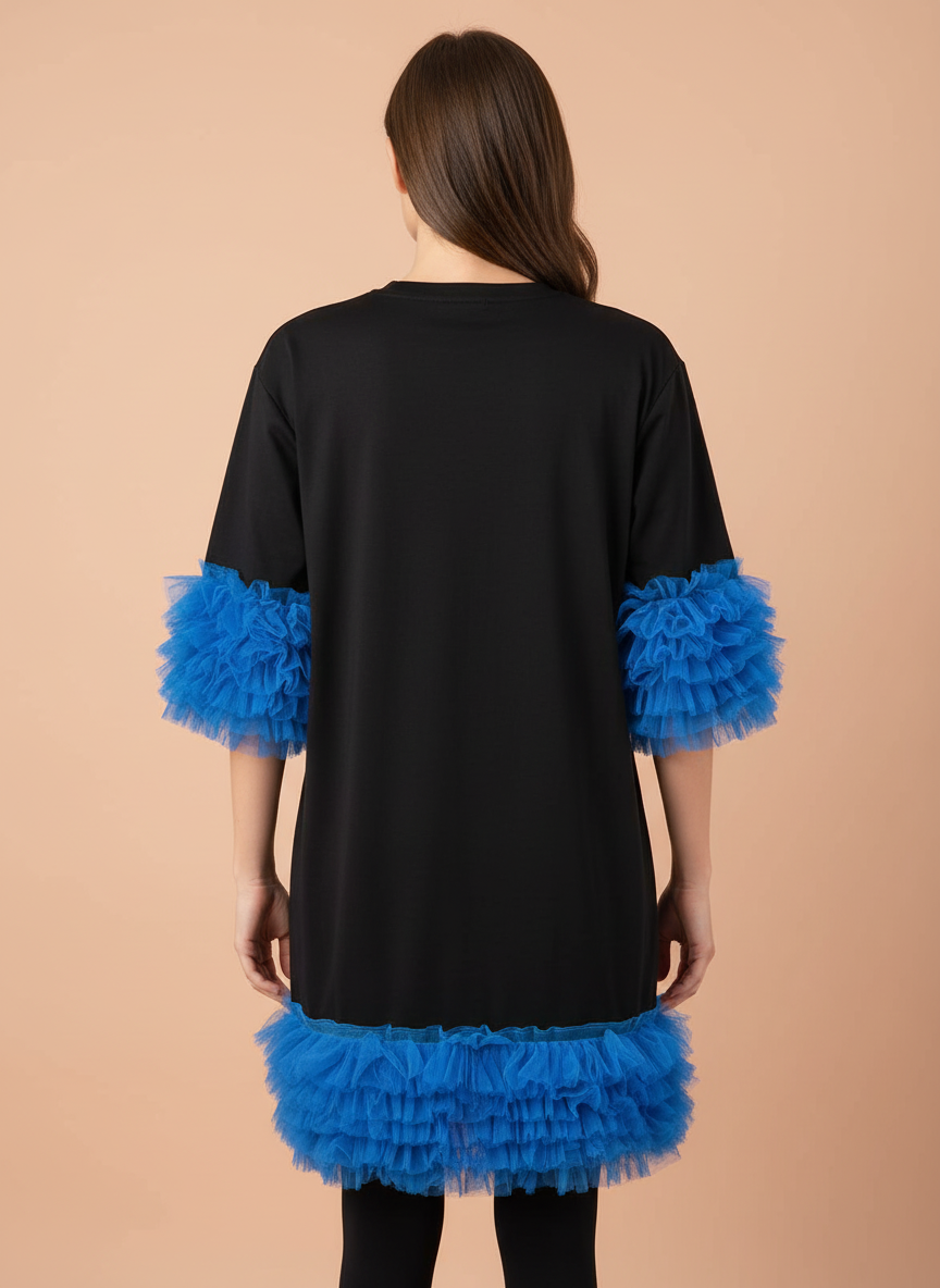 Elegant Bow Detail Black Dress with Blue Ruffle Accents