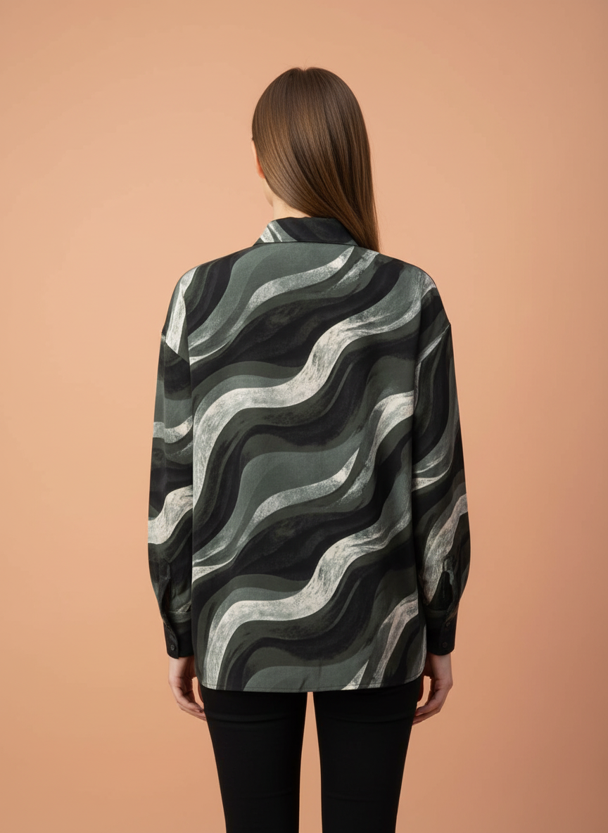Women's Grey & Black Abstract Wavy Printed Oversized Shirt