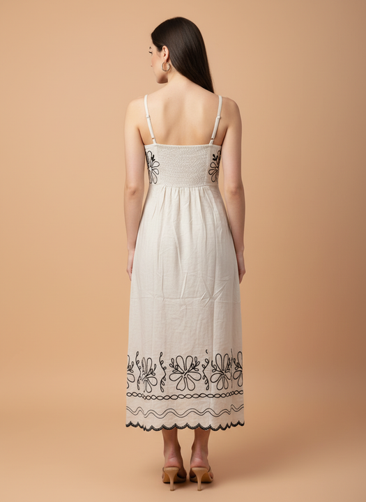 Elegant White Embroidered Midi Dress for Women – Summer Casual & Party Wear