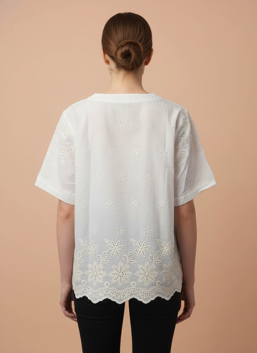 White Eyelet Embroidery Scalloped Hem Short Sleeve Top