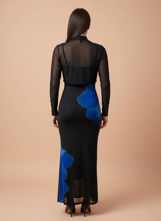 Elegant Black & Blue Sheer Layered Midi Dress for Women