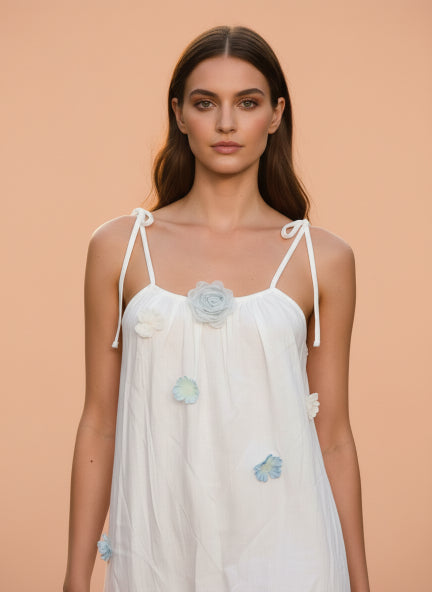 Elegant White Floral Appliqué Midi Dress for Women