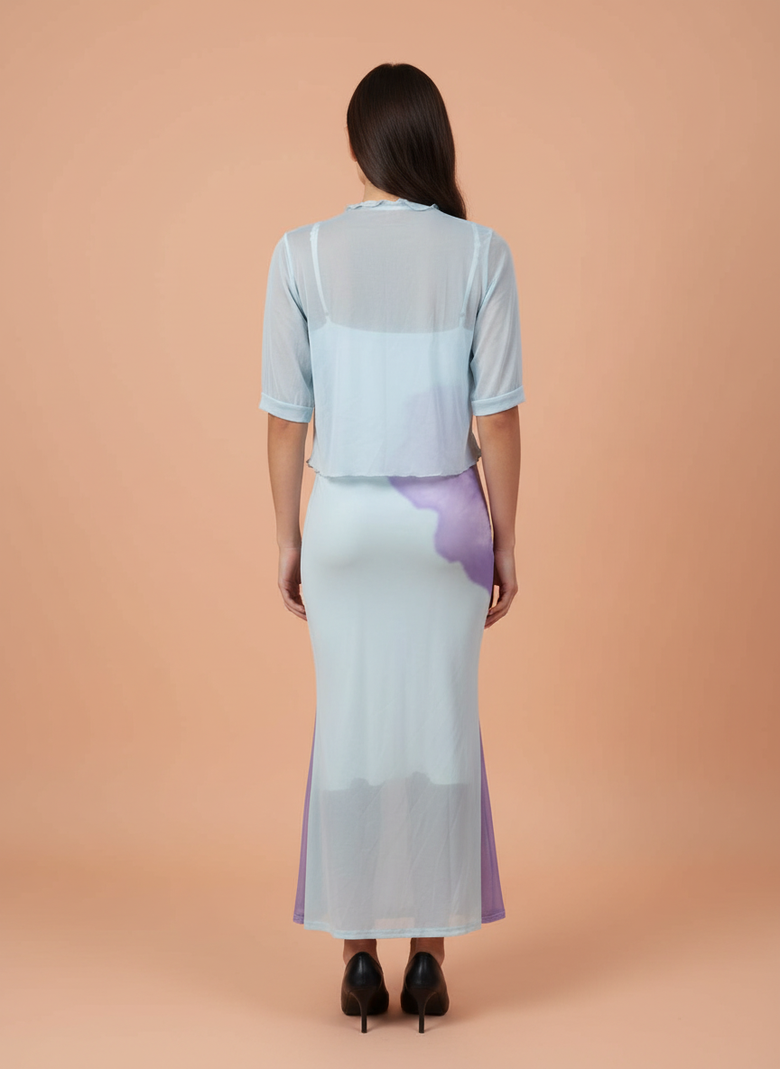 Elegant Women’s Sky Blue Bodycon Maxi Dress with Sheer Shrug