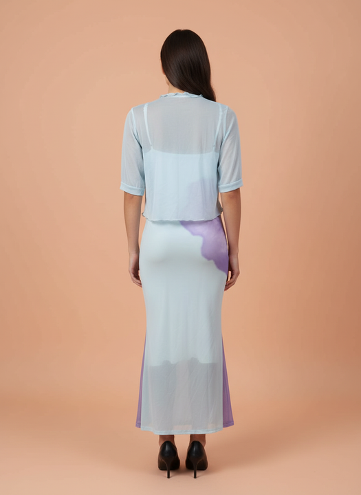 Elegant Women’s Sky Blue Bodycon Maxi Dress with Sheer Shrug