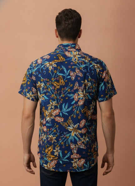 Navy Jungle Print Premium Rayon Shirt