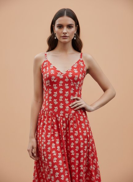 Rayon Printed Fit & Flare V Neck Shoulder Strap Maxi Dress