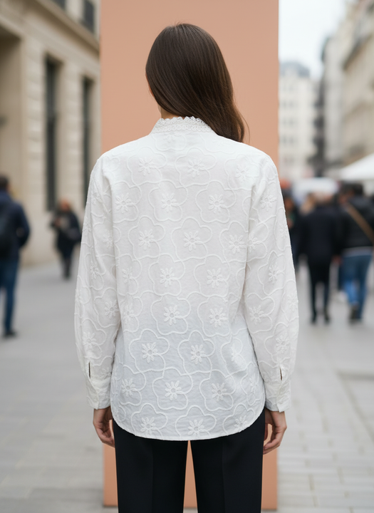 Women’s White Floral Embroidered Shirt with Lace Collar