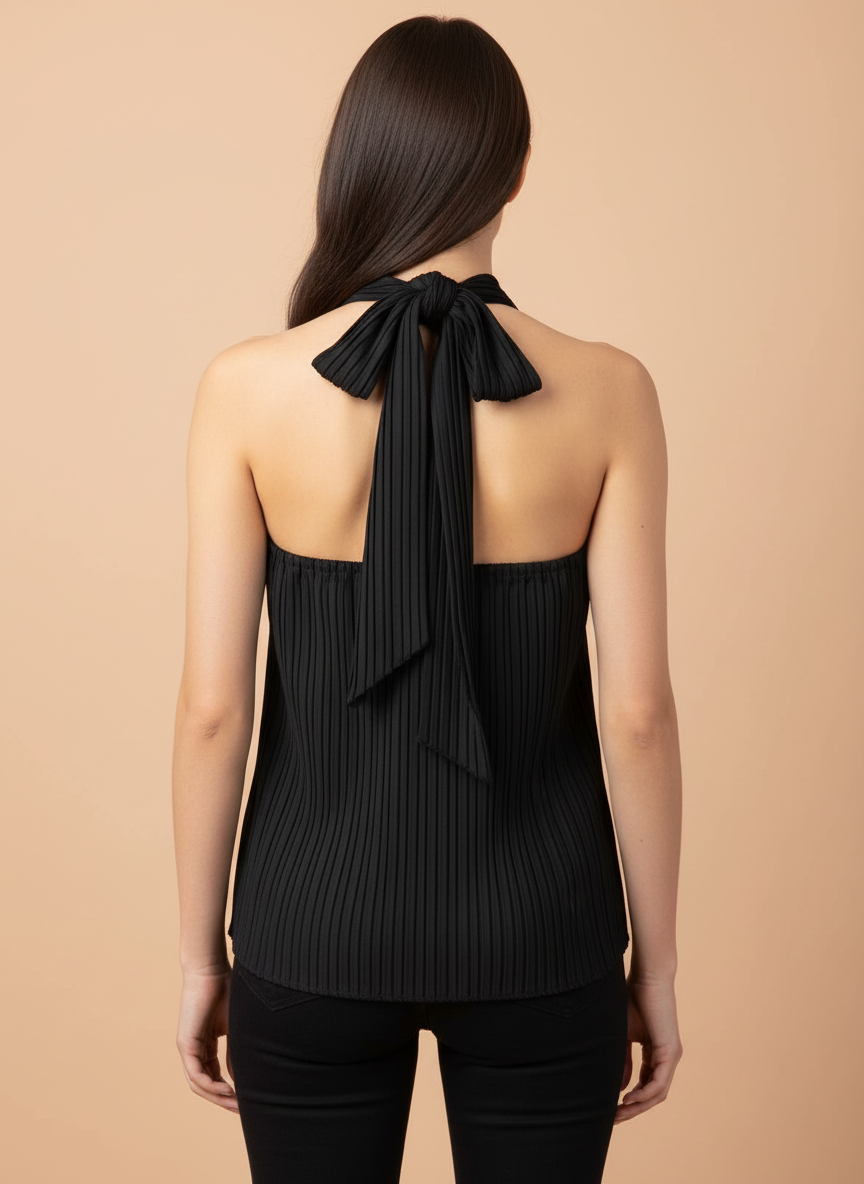 Chic Black Pleated Halter Neck Mini Dress for Women