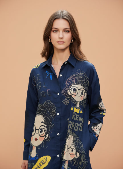 Stylish Navy Blue Printed Long Shirt Tunic for Women