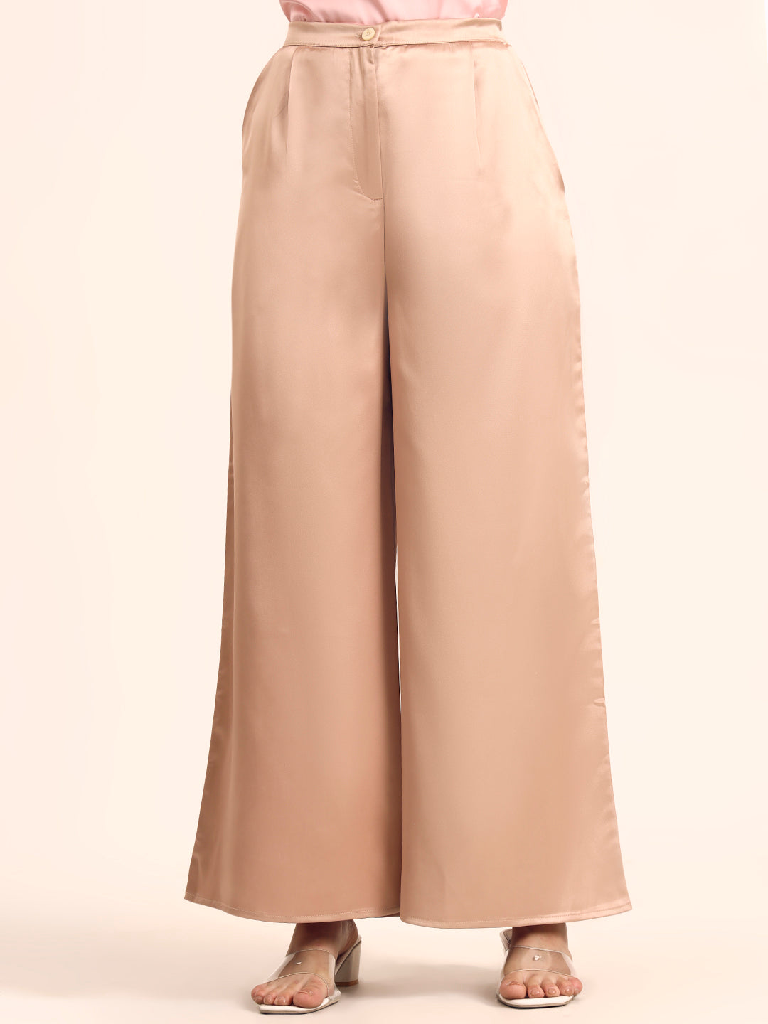 Luxury Satin Wide Leg Pants European Fabric  Peachy Pink Glam Look