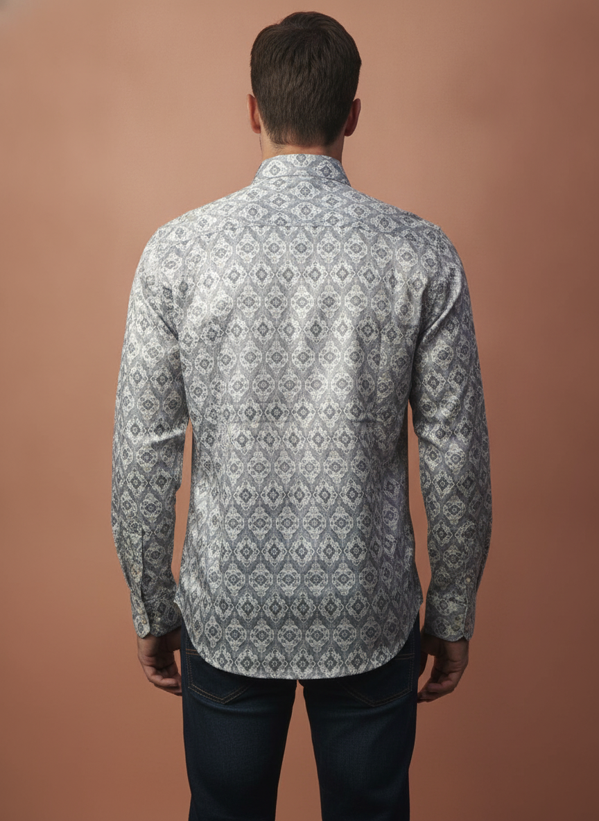 Men'S Poly Satin Lycra Grey Digital Printed Shirt