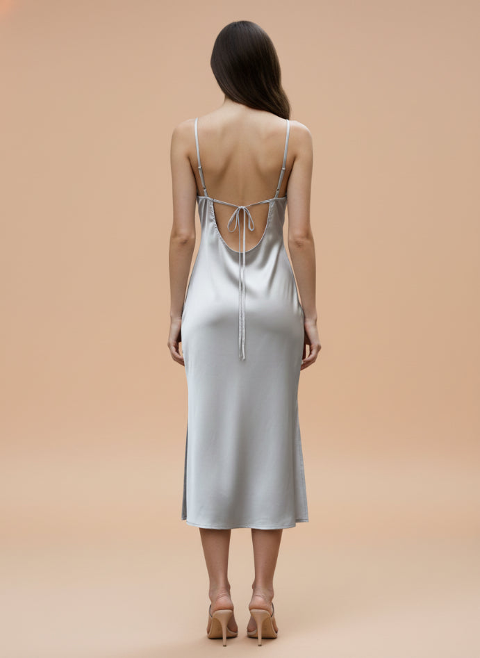 Women's Luxury Satin Silver Grey V-Neck Midi Dress