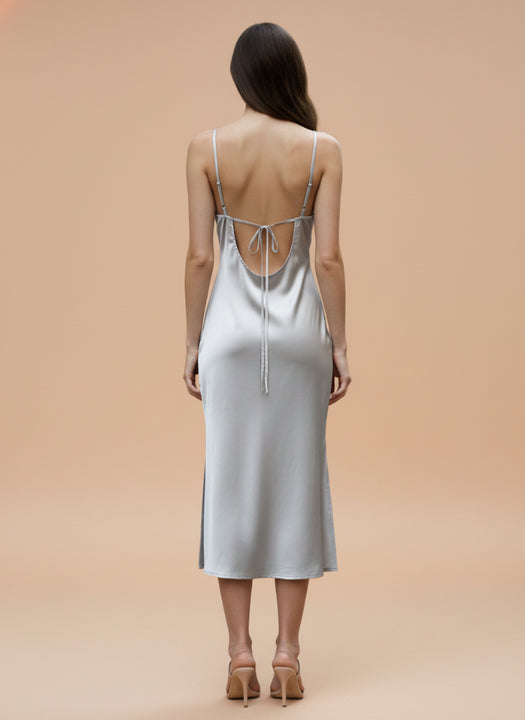 Women's Luxury Satin Silver Grey V-Neck Midi Dress