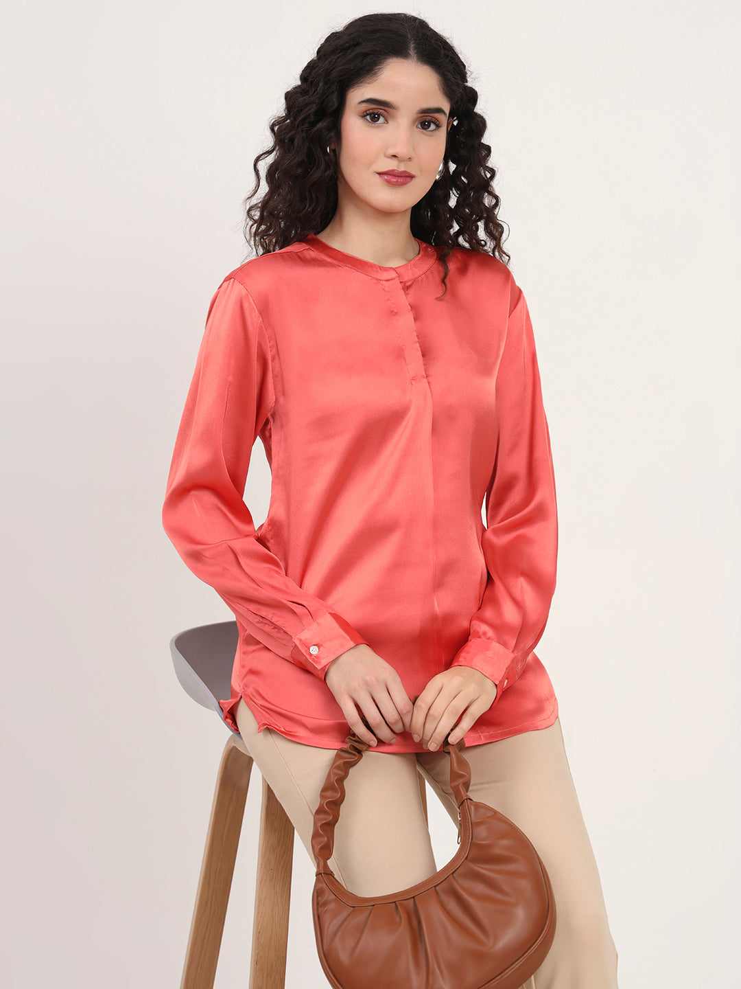 Summer Satin Coral Front Pleated Tunic