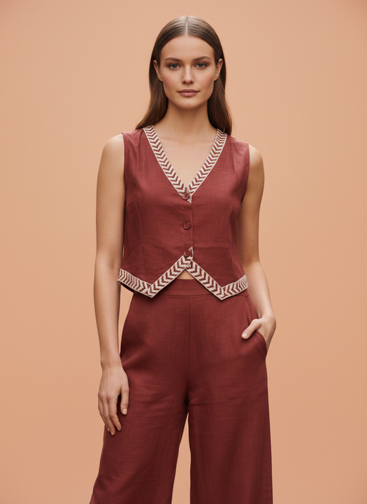 Rust Sleeveless Co-ord Set with Wide-Leg Pants