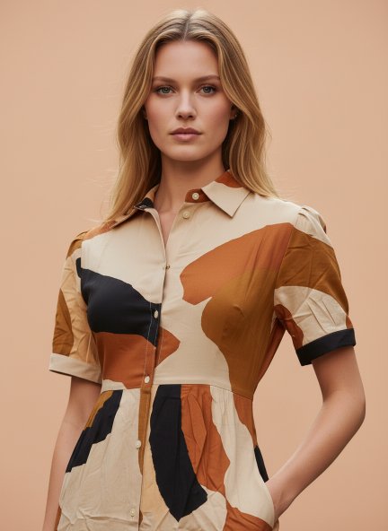 Rayon Printed Puff Sleeve A Line Shirt Dress