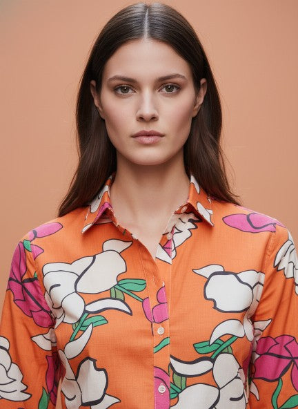 Cambric Digital Print Puff Sleeve Shirt