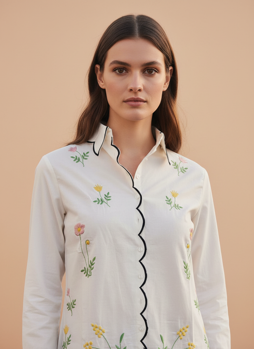Elegant Ivory Floral Embroidered Scallop Edge Shirt for Women