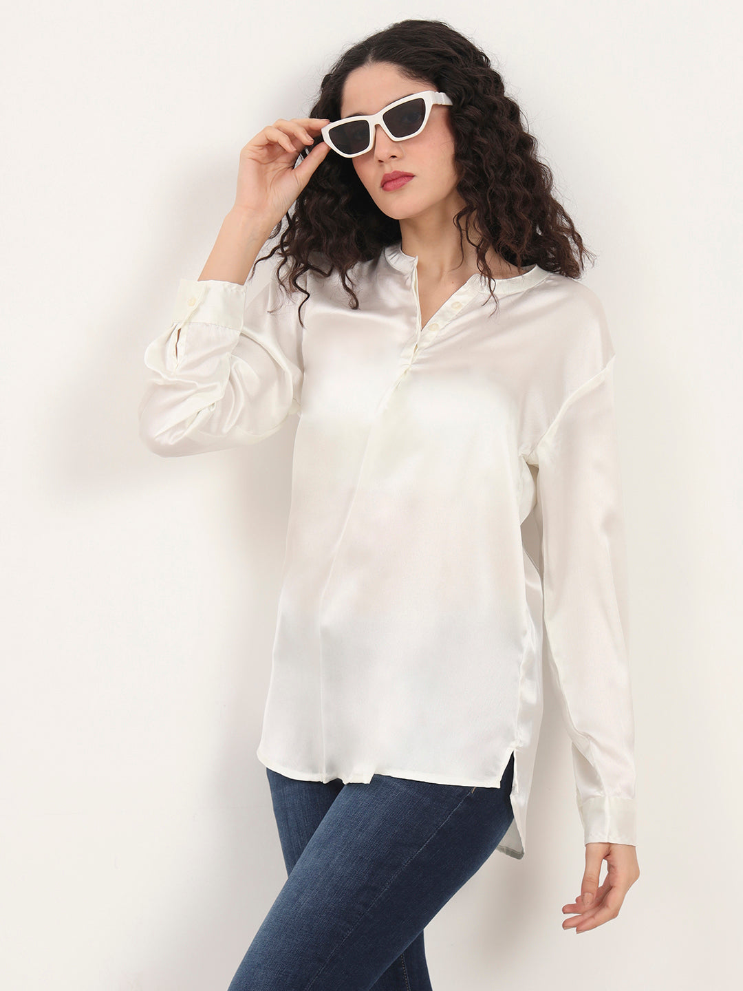 Summer Satin Off White Front Pleated Tunic