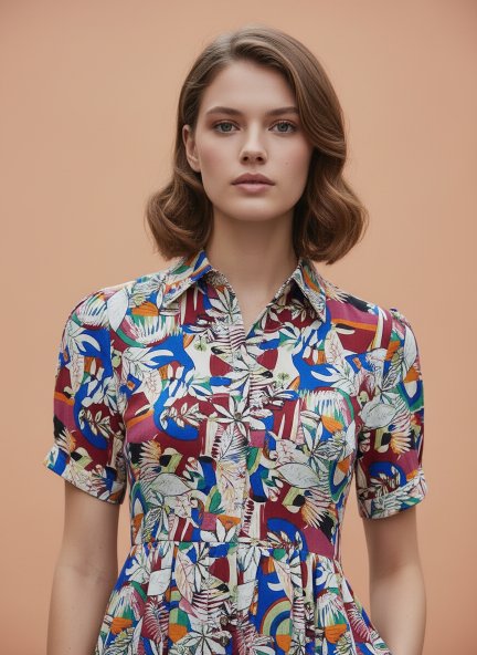 Rayon Printed Puff Sleeve A Line Shirt Dress