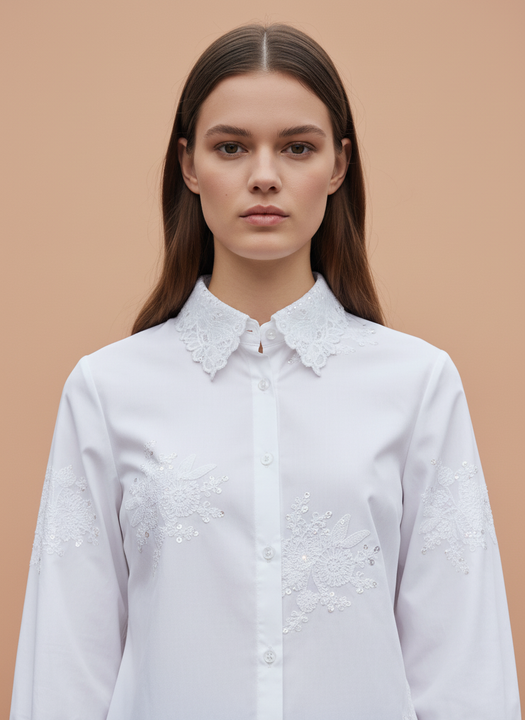 Women’s Elegant White Embroidered Shirt with Lace Collar
