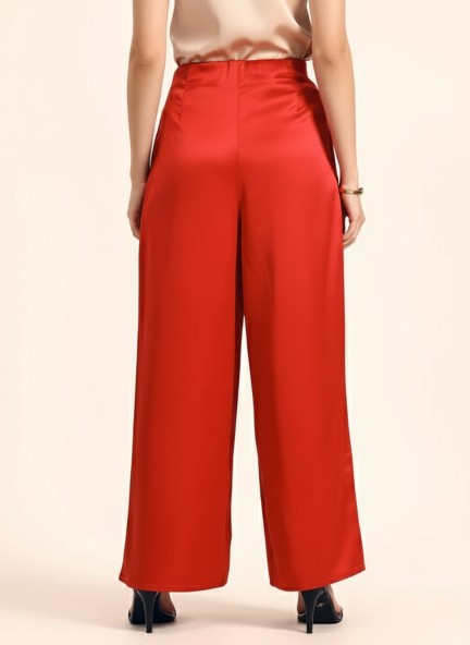 Satin Wide Leg Pants European Fabric  Red Glam Look
