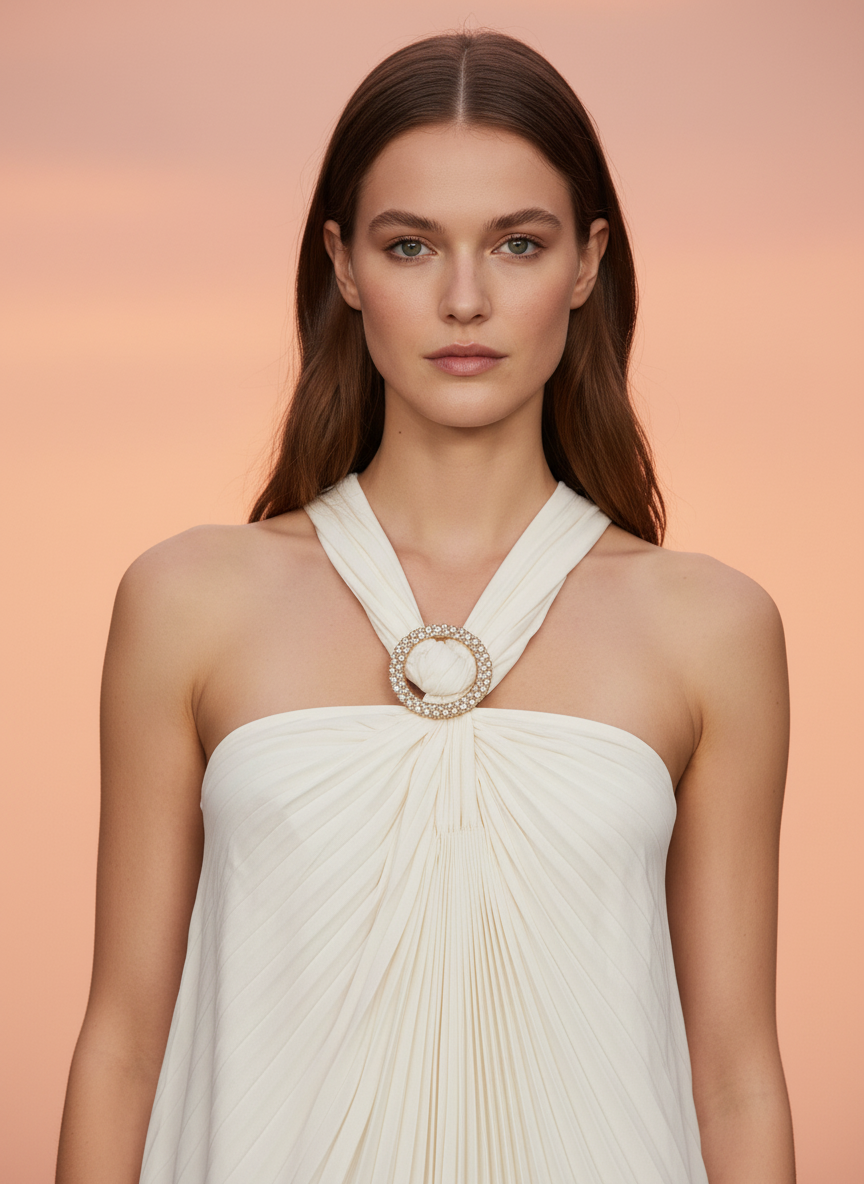 Elegant White Pleated Halter Neck Mini Dress for Women