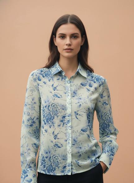 Premium Chiffon Blue And White Regular Length Straight Hem Digital Print Shirt