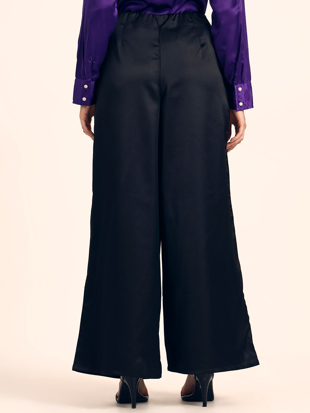 Luxury Satin Wide Leg Pants European Fabric  Black Glam Look